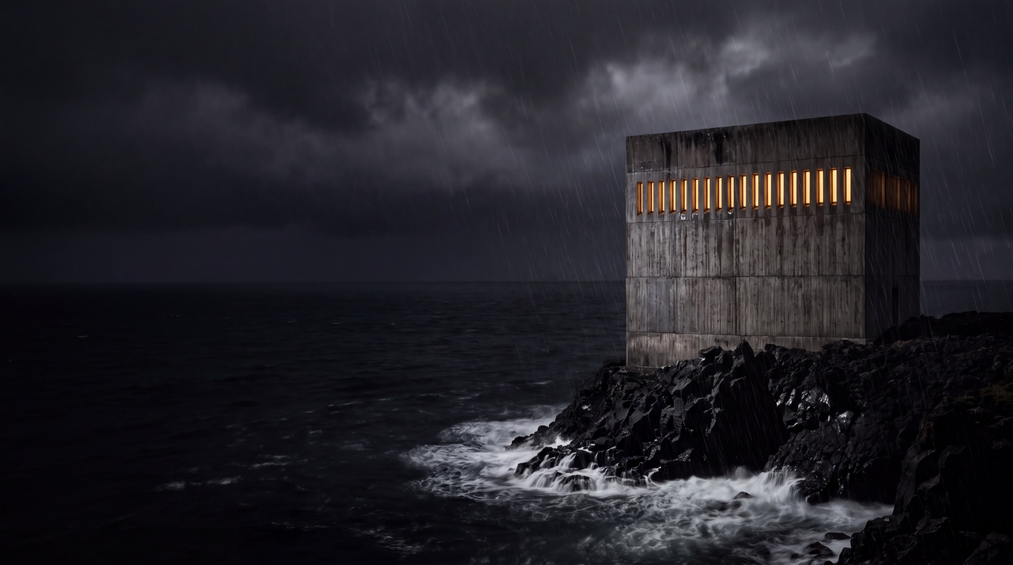A brutalist concrete detention block stands alone on a basalt sea stack at night in heavy rain, a single row of narrow amber-lit cell windows the only light.